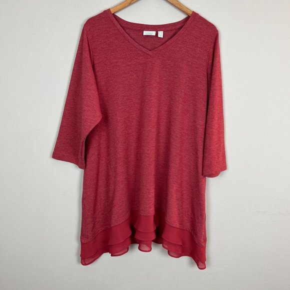 LOGO Lounge Lori Goldstein 1X Pink French‎ Terry Top Tiered Chiffon Trim V-Neck - Picture 1 of 9